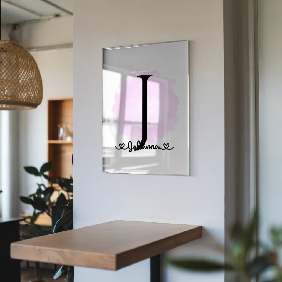 Personalisiertes Acrylglas Bild Anfangsbuchstaben J Pinsel Klecks Rosa