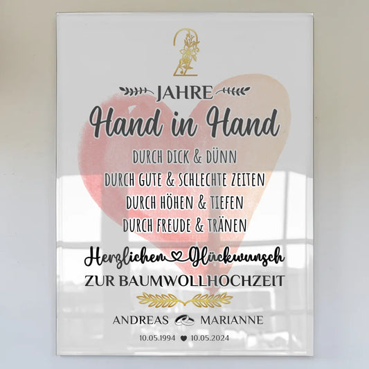 Acrylglas Bild Geschenk zur Baumwollhochzeit 2 Hochzeitstag Hand in Hand