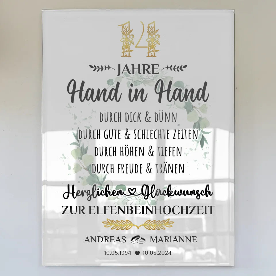 Acrylglas Bild Geschenk 14 Hochzeitstag zur Elfenbeinhochzeit Hand in Hand