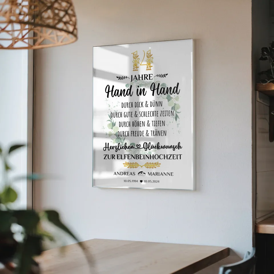 Acrylglas Bild Geschenk 14 Hochzeitstag zur Elfenbeinhochzeit Hand in Hand