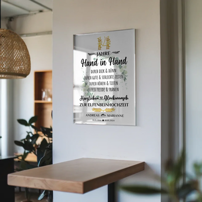 Acrylglas Bild Geschenk 14 Hochzeitstag zur Elfenbeinhochzeit Hand in Hand