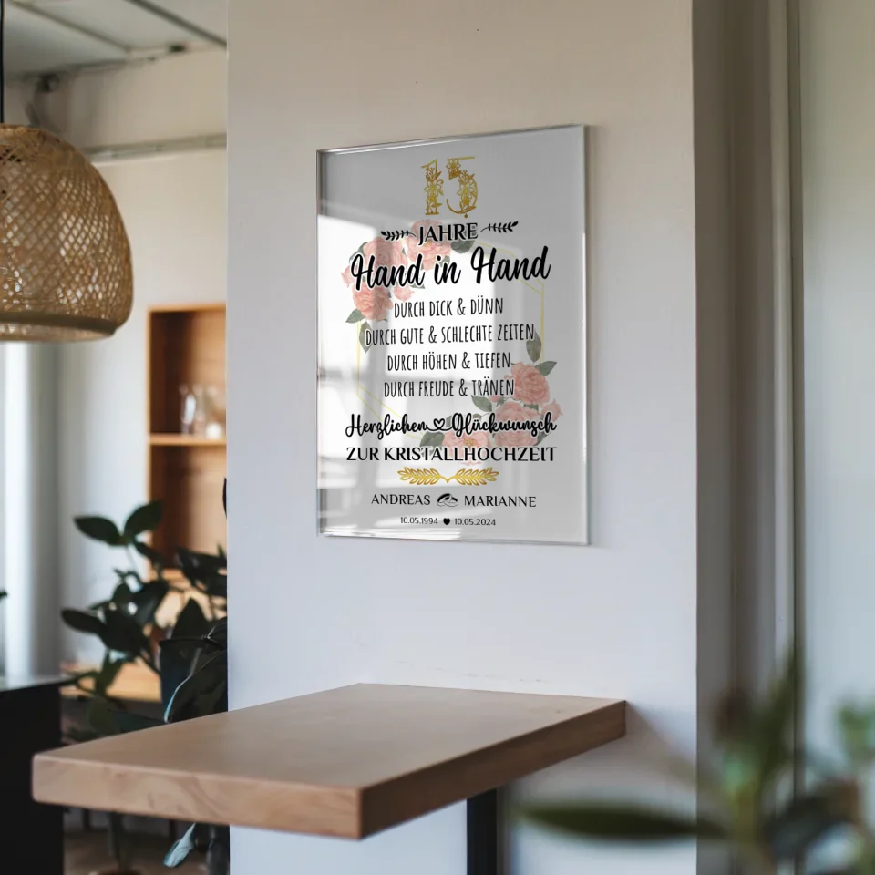 Acrylglas Bild Geschenk 15 Hochzeitstag zur Kristallhochzeit Mit Namen