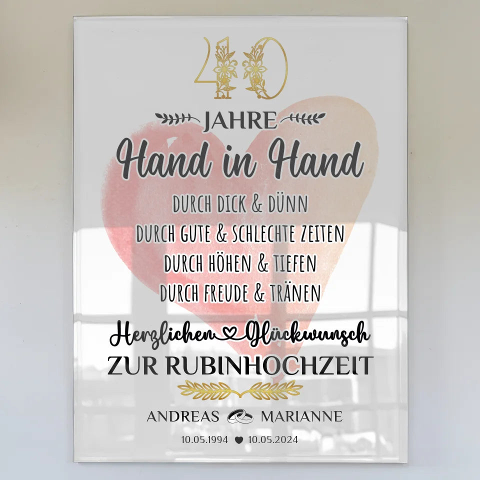Acrylglas Bild zur Rubinhochzeit 40 Hochzeitstag mit Namen