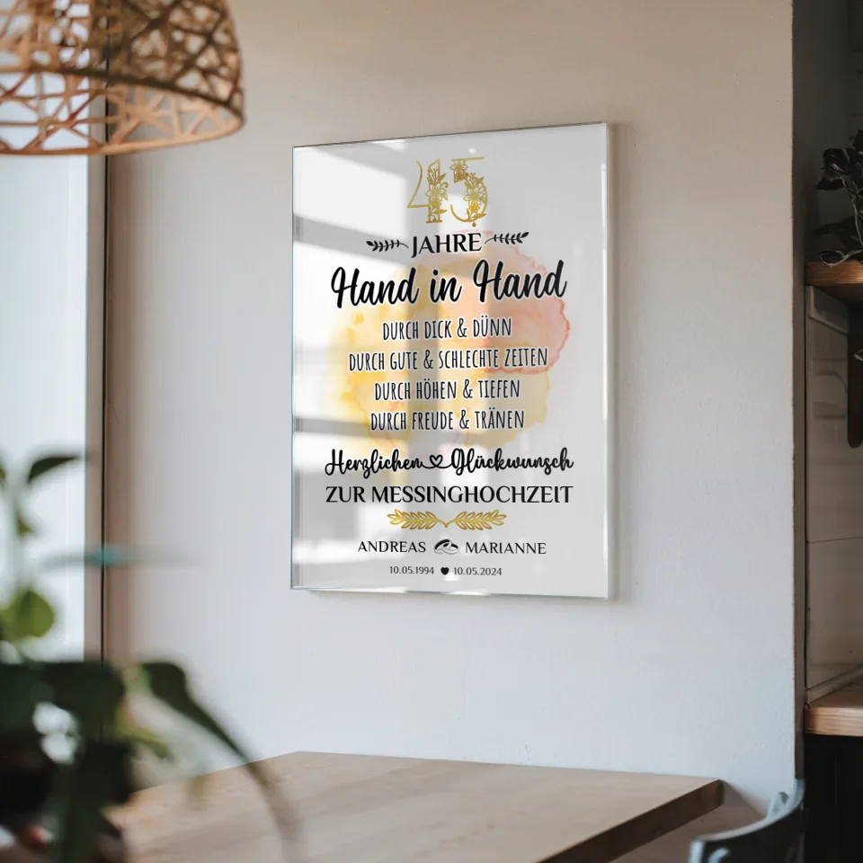 Acrylglas Bild Geschenk 45 Hochzeitstag zur Messinghochzeit mit Namen