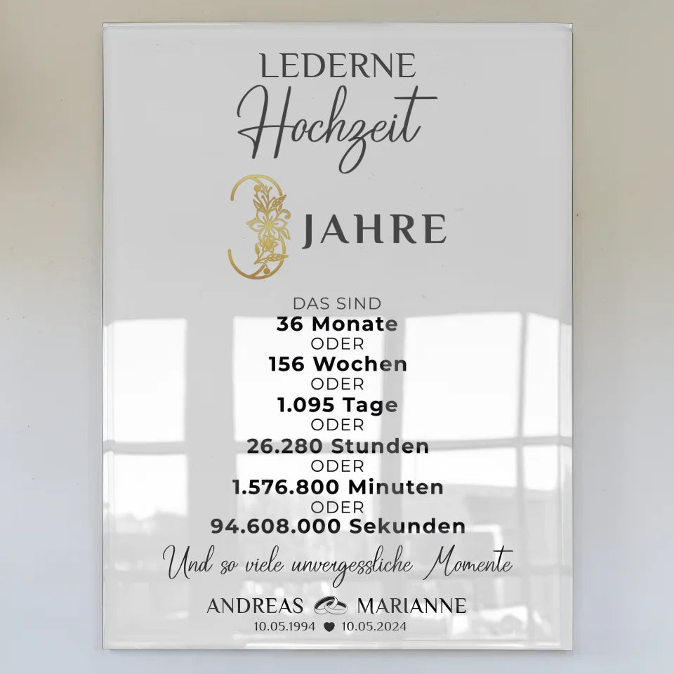 Acrylglas Bild zur Lederne Hochzeit 3 Hochzeitstag Momente Namen