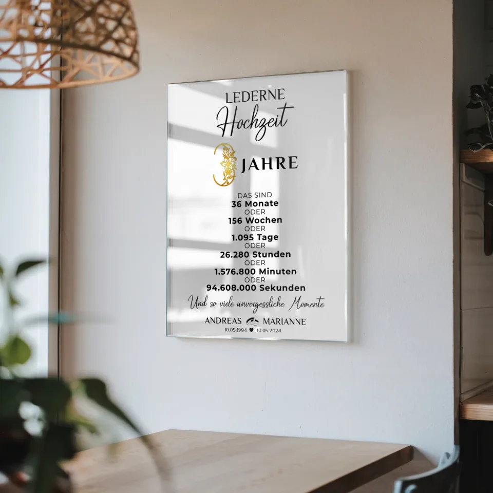 Acrylglas Bild zur Lederne Hochzeit 3 Hochzeitstag Momente Namen