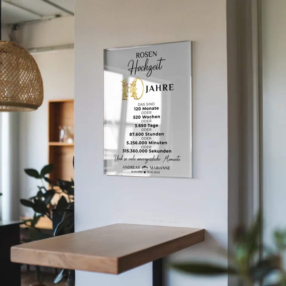 Acrylglas Bild zur Rosenhochzeit Geschenke für Momente 10 Hochzeitstag mit Namen