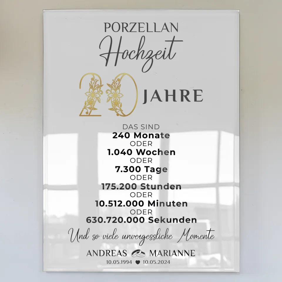 Acrylglas Bild Geschenk Momente 20 Hochzeitstag zur Porzellanhochzeit Namen Wunschtext