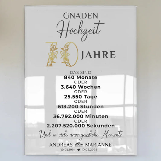 Acrylglas Bild zur Gnadenhochzeit 70 mit Namen und Wunschtext