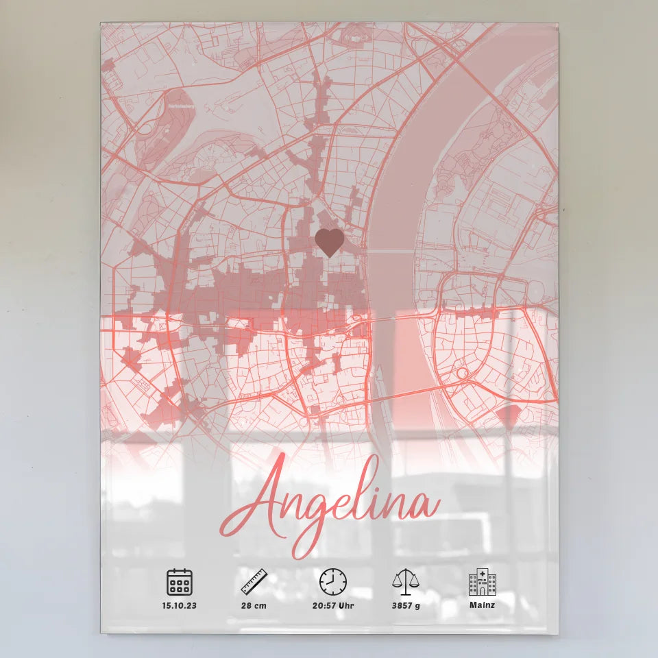 personalisiertes acrylglas bild geburt stadtkarte rot madchen Geburt Poster mit Stadtkarte Geburt 1