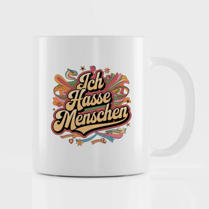 Lustige Tasse mit Spruch Ich hasse Menschen im Retro Stil farbenfroh