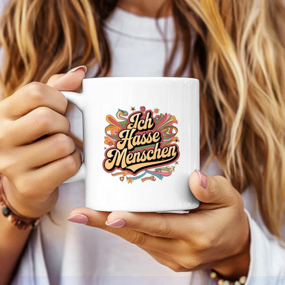 Lustige Tasse mit Spruch Ich hasse Menschen im Retro Stil farbenfroh