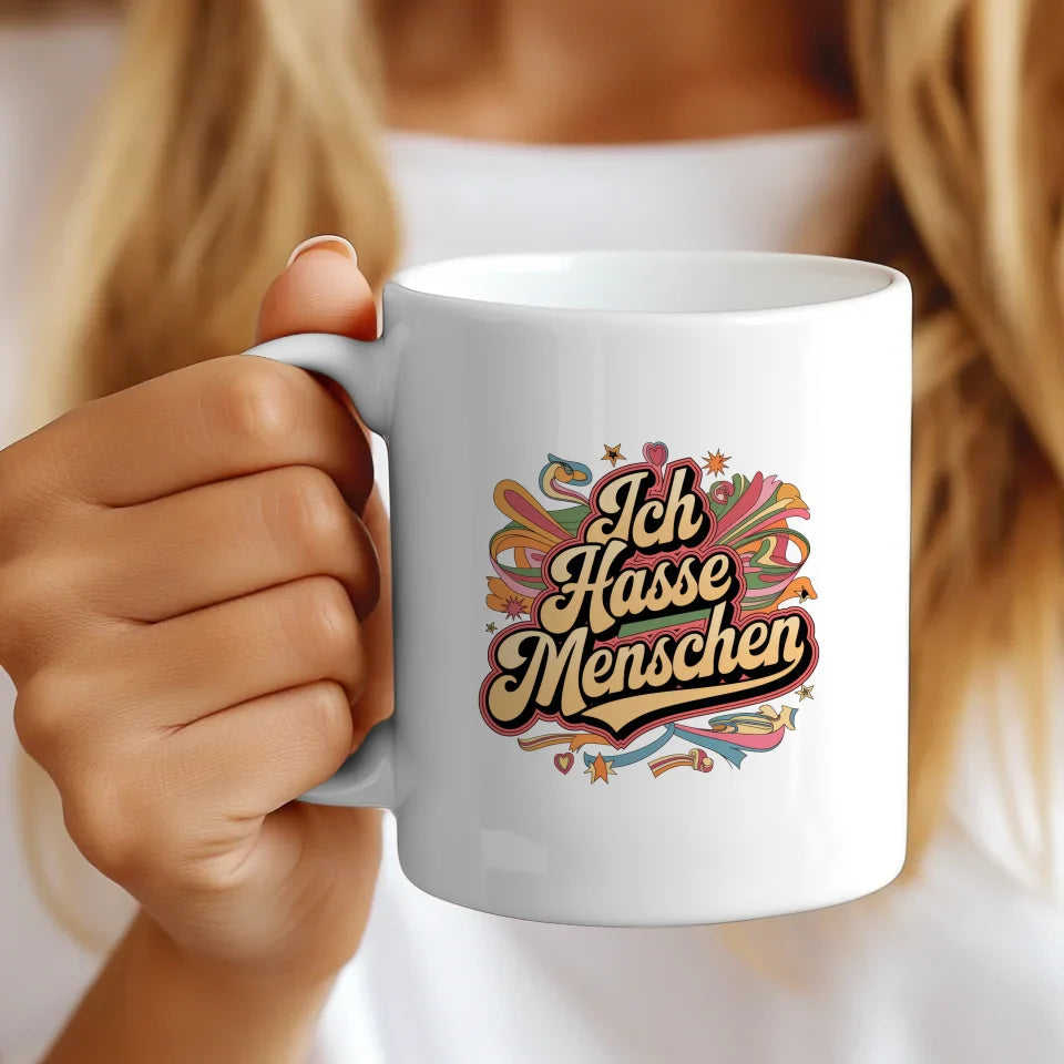 Lustige Tasse mit Spruch Ich hasse Menschen im Retro Stil farbenfroh
