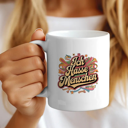 Lustige Tasse mit Spruch Ich hasse Menschen im Retro Stil farbenfroh