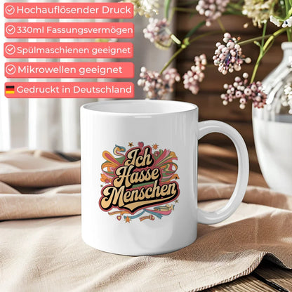 Lustige Tasse mit Spruch Ich hasse Menschen im Retro Stil farbenfroh