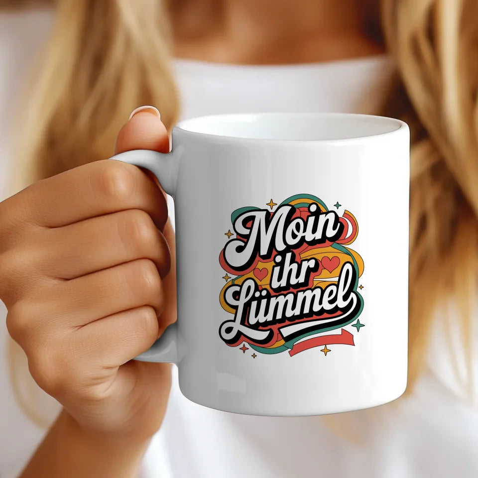 Lustige Sprüche Tasse Moin Ihr Lümmel im Retro-Stil