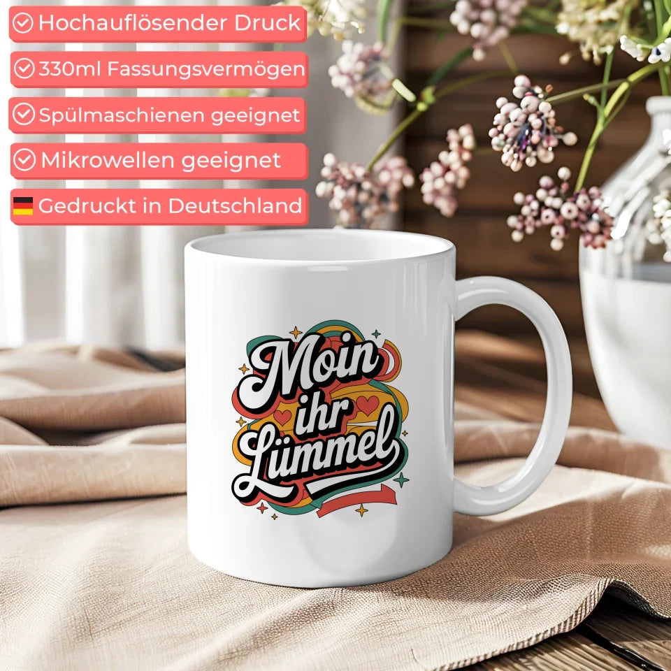 Lustige Sprüche Tasse Moin Ihr Lümmel im Retro-Stil