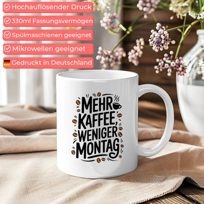Tasse mit Spruch Mehr Kaffee weniger Montag für Kaffeeliebhaber Geschenk