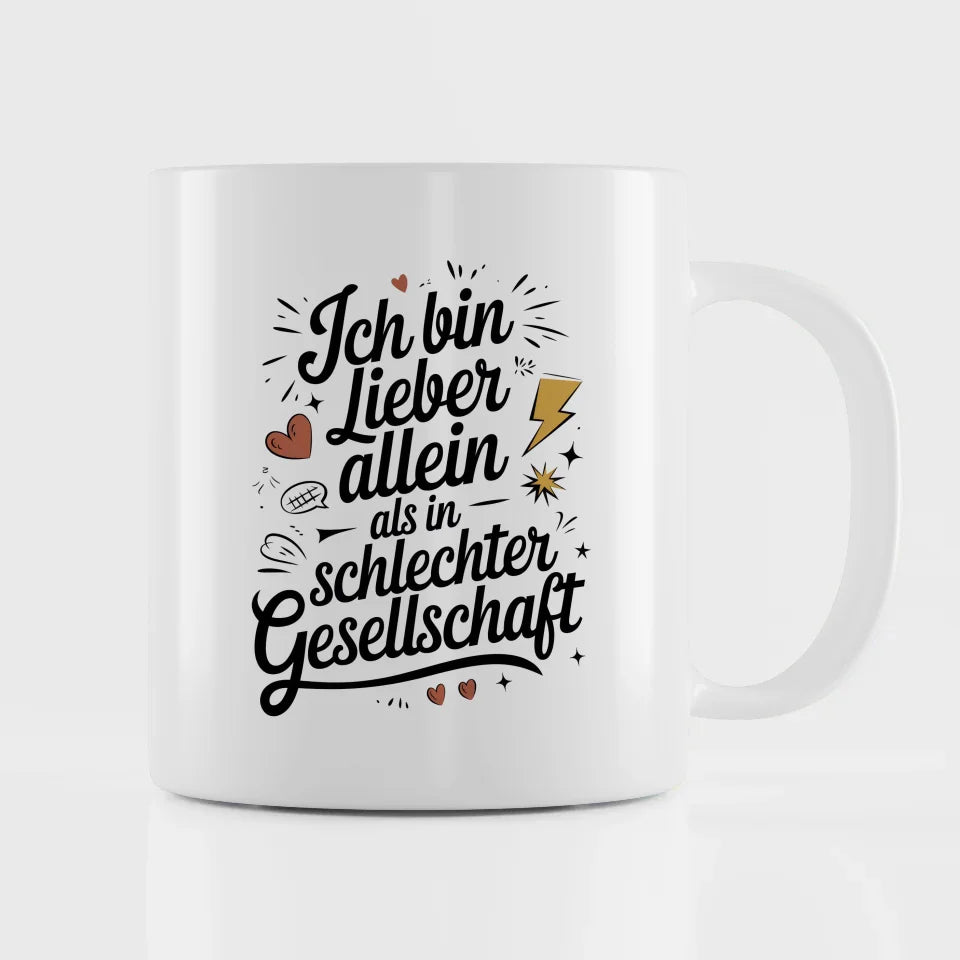 Lustige Sprüche Tasse mit Illustration Ich bin lieber allein Vintage Design