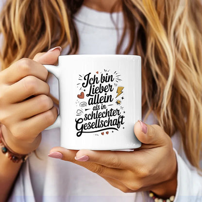 Lustige Sprüche Tasse mit Illustration Ich bin lieber allein Vintage Design