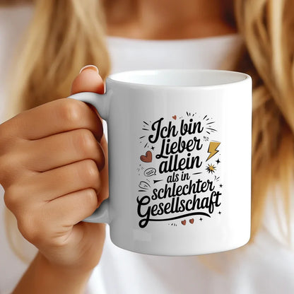 Lustige Sprüche Tasse mit Illustration Ich bin lieber allein Vintage Design