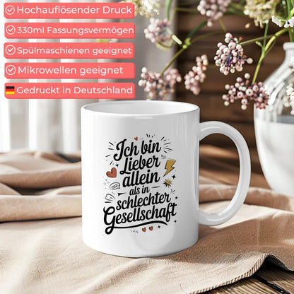 Lustige Sprüche Tasse mit Illustration Ich bin lieber allein Vintage Design