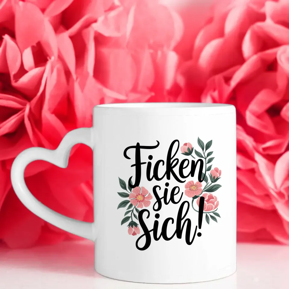 Lustige Tasse mit Blumen und Spruch Ficken Sie Sich in elegantem Design