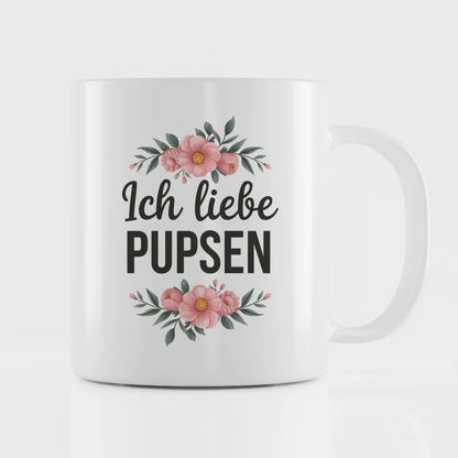 Lustige Tasse mit Spruch Ich liebe Pupsen und Blumenmotiven