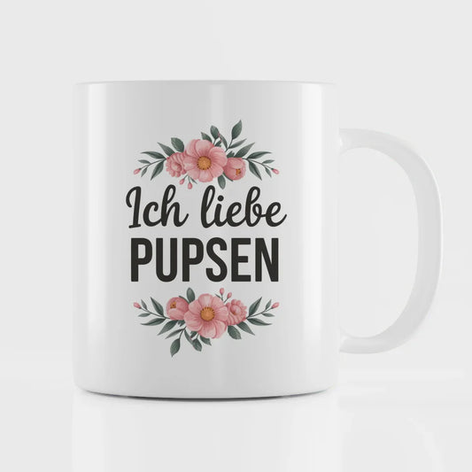 Lustige Tasse mit Spruch Ich liebe Pupsen und Blumenmotiven