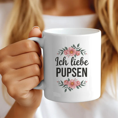 Lustige Tasse mit Spruch Ich liebe Pupsen und Blumenmotiven