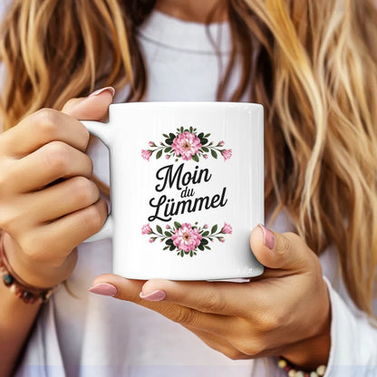Lustige Tasse Moin du Lümmel mit Blumen und Blattdesign