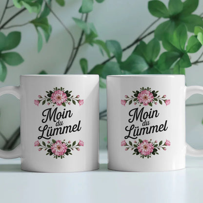 Lustige Tasse Moin du Lümmel mit Blumen und Blattdesign