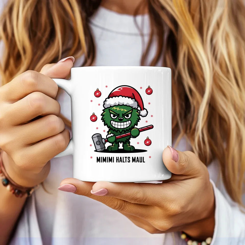 Lustige Tasse mit Weihnachtsfigur und Spruch für Freude