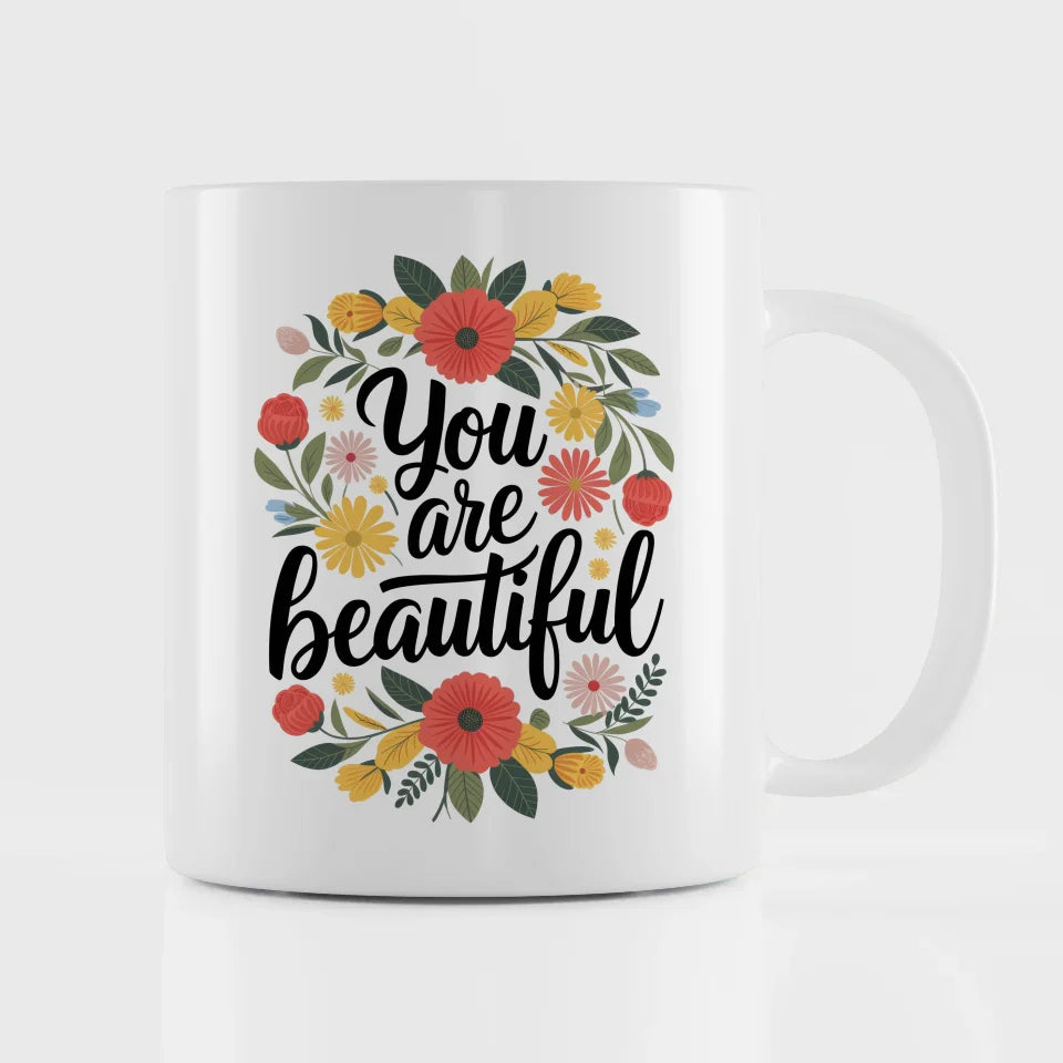 Tasse mit Spruch Du bist schön und buntem Blumenmuster