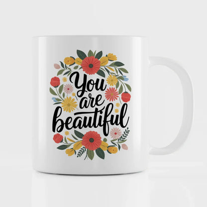 Tasse mit Spruch Du bist schön und buntem Blumenmuster