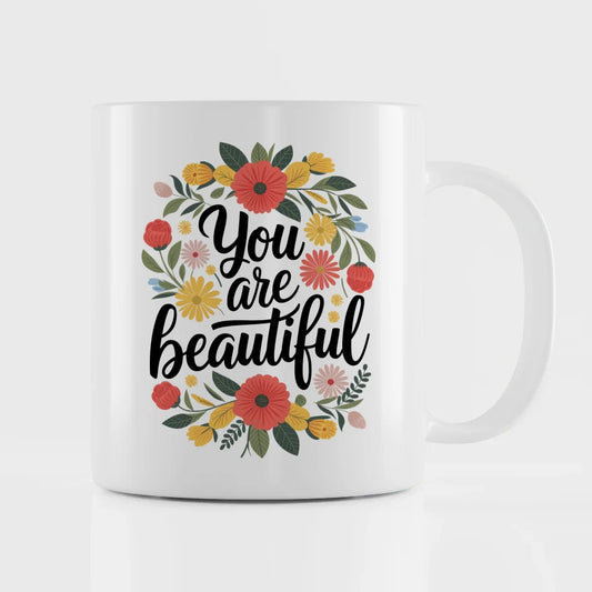 Tasse mit Spruch Du bist schön und buntem Blumenmuster