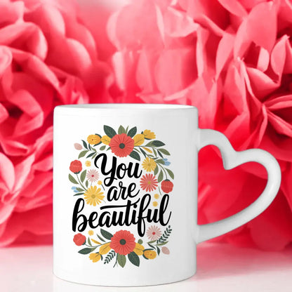 Tasse mit Spruch Du bist schön und buntem Blumenmuster