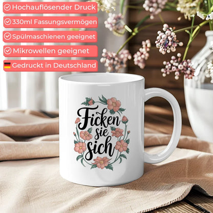 Lustige Tasse mit Blumen und Spruch für gute Laune