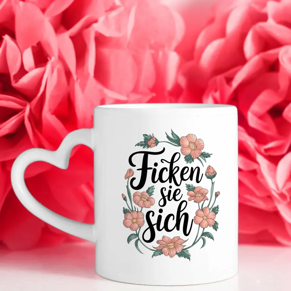 Lustige Tasse mit Blumen und Spruch für gute Laune