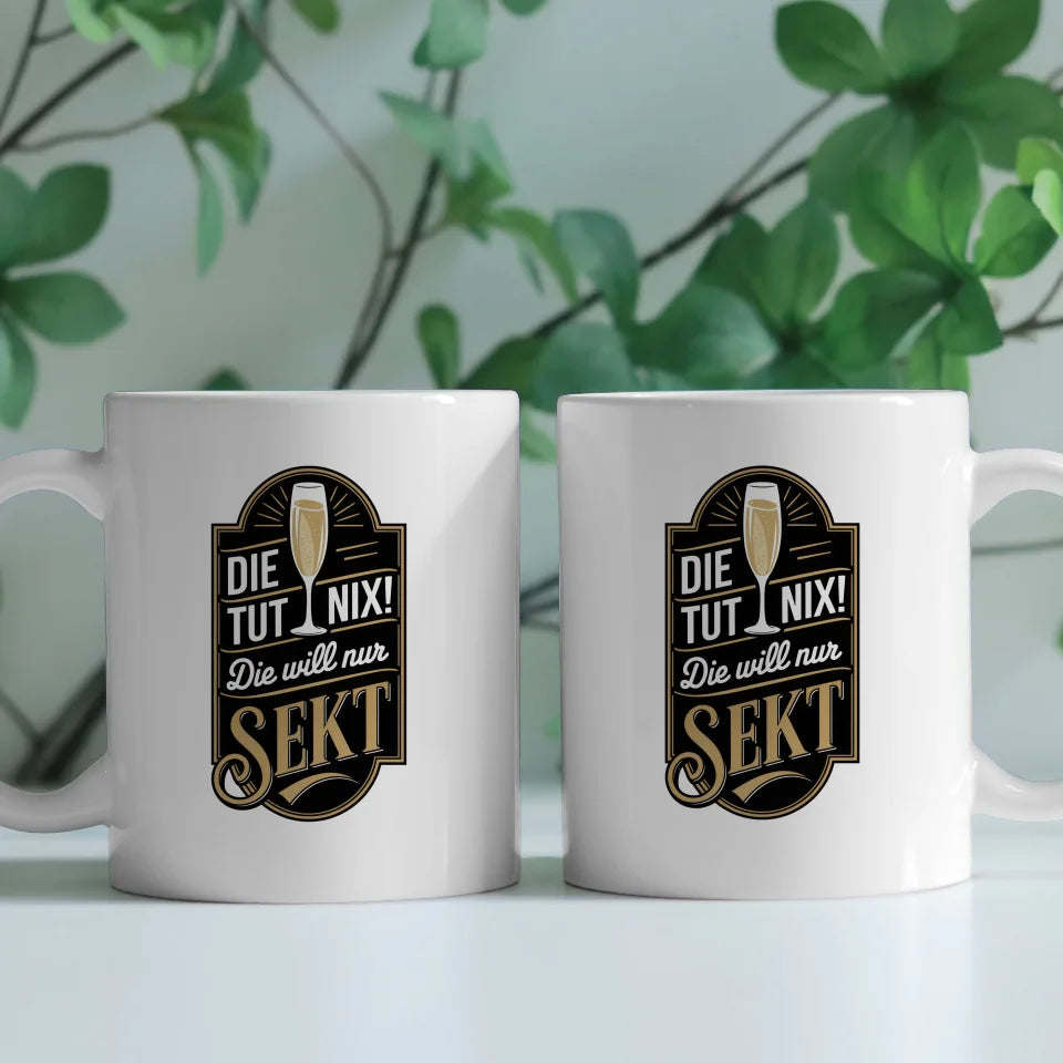 Lustige Sprüche Tasse mit Vintage Abzeichen und Champagnerglas
