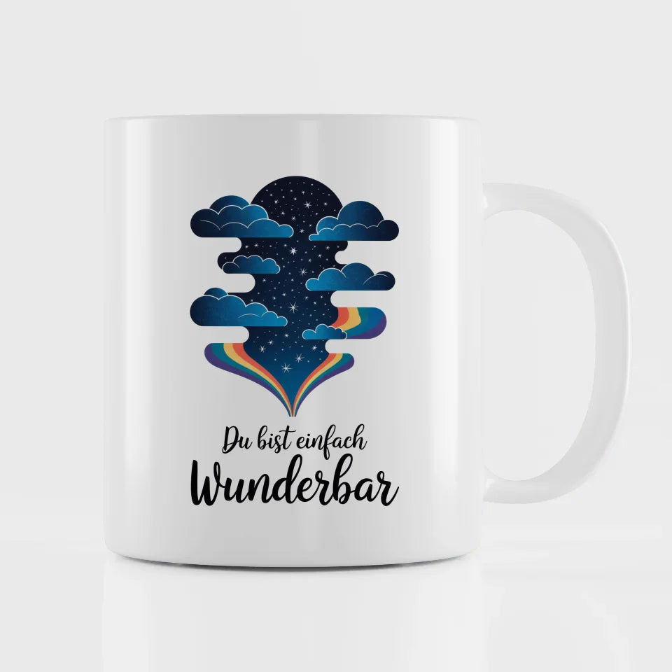 Wunderbare Tasse mit Spruch beim Sternenhimmel und Regenbogen Design