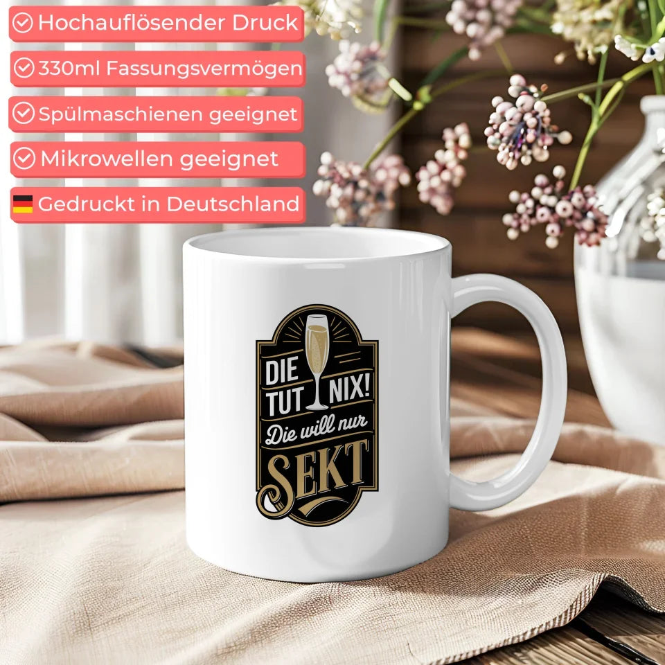 Lustige Sprüche Tasse mit Vintage Abzeichen und Champagnerglas