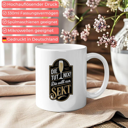 Lustige Sprüche Tasse mit Vintage Abzeichen und Champagnerglas