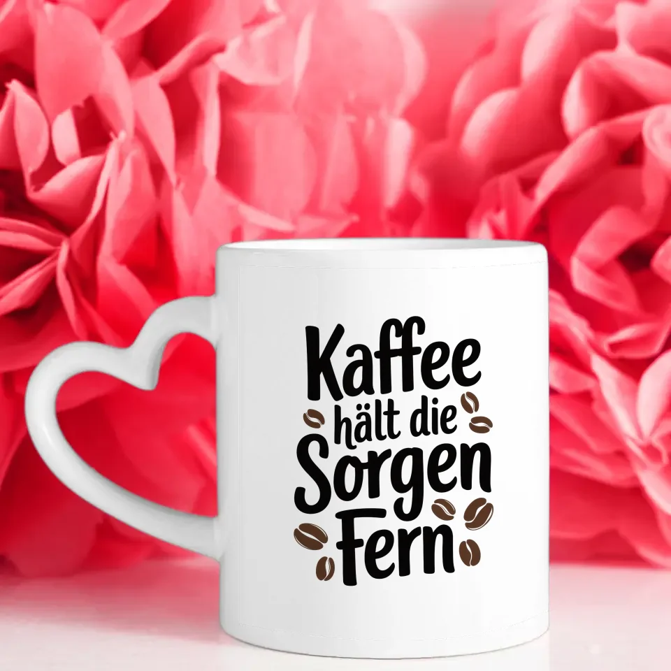 Lustige Tasse Kaffee hält die Sorgen fern mit Kaffeebohnen