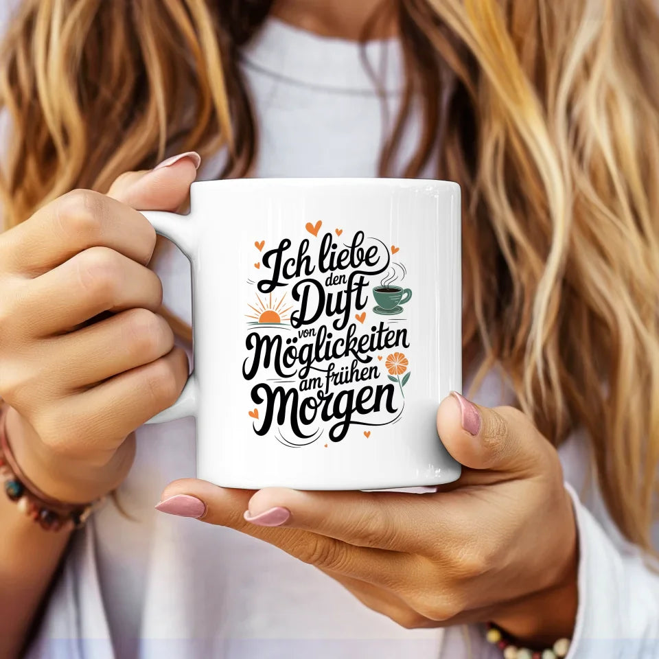 Lustige Sprüche Tasse mit Herz und Sonnenaufgang Duft von Möglichkeiten