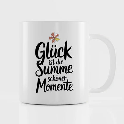 Tasse Spruchbild Glück ist die Summe schöner Momente mit Blumenmotiv