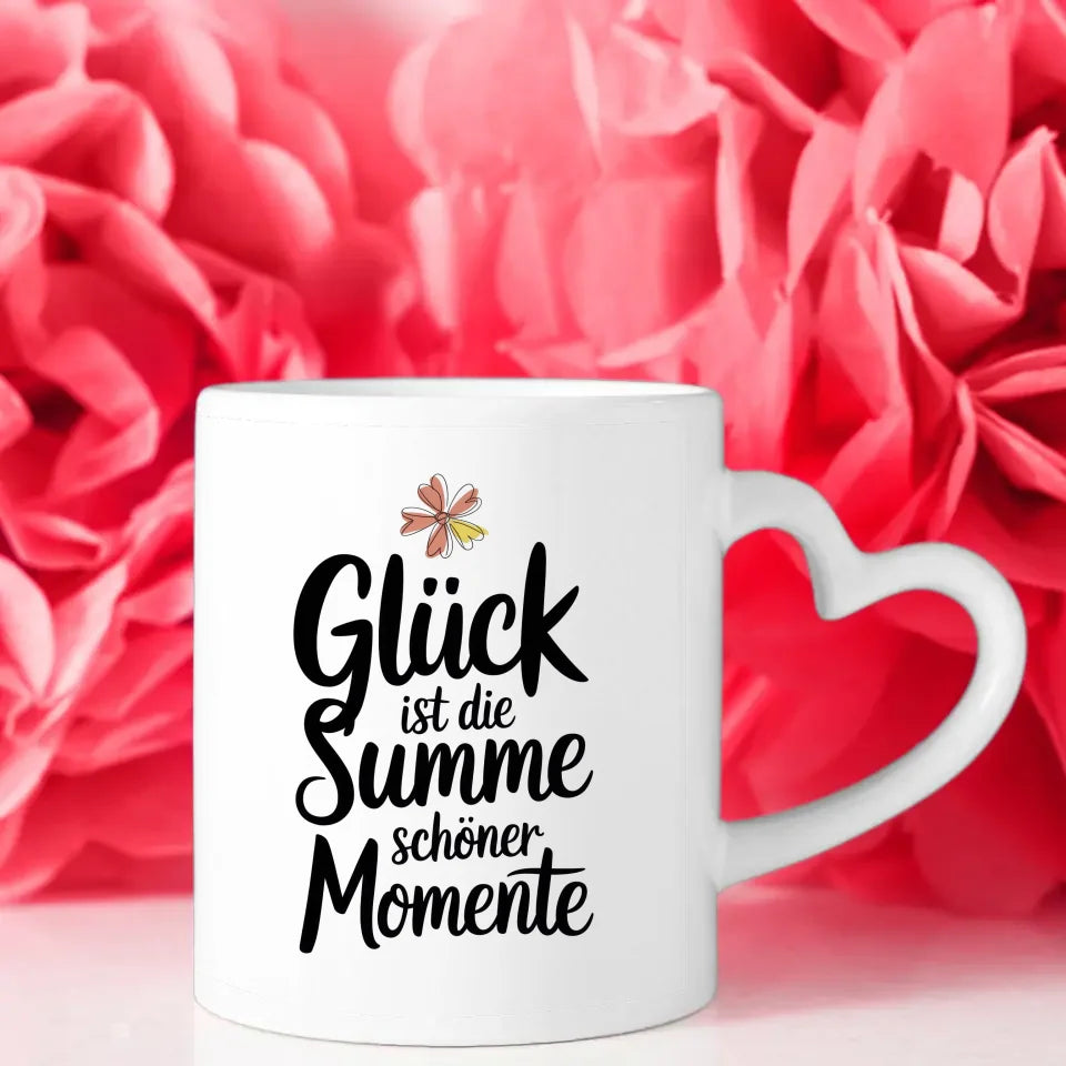 Tasse Spruchbild Glück ist die Summe schöner Momente mit Blumenmotiv