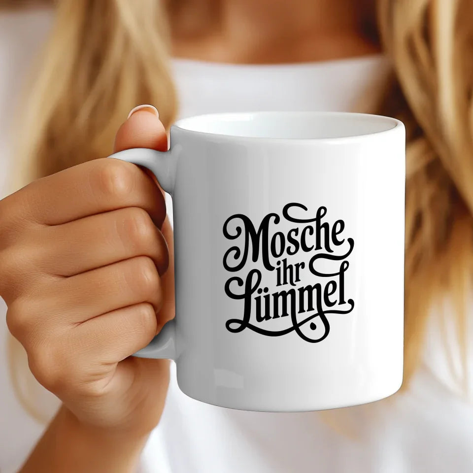 Lustige Sprüche Tasse Mosche ihr Lümmel Vintage Design Weiß