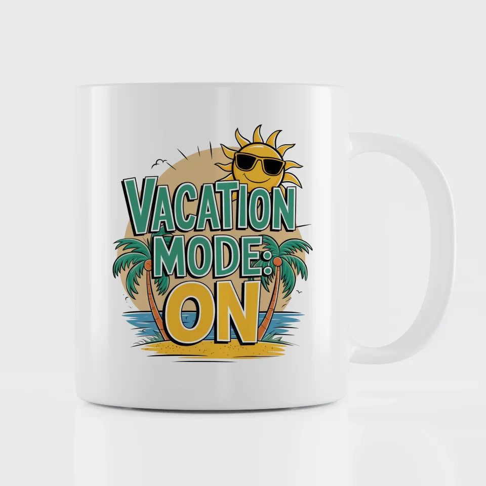 Lustige Tasse Urlaubsmodus Ein mit Cartoon Sonne und Palmen Design