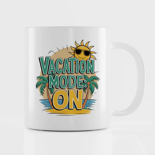 Lustige Tasse Urlaubsmodus Ein mit Cartoon Sonne und Palmen Design